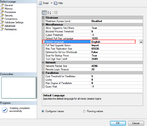 how to change default language of SQL server management studio 2008R2