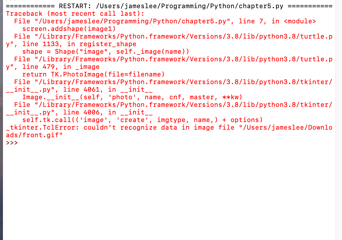 How can I solve turtle addshape error in python? Stack