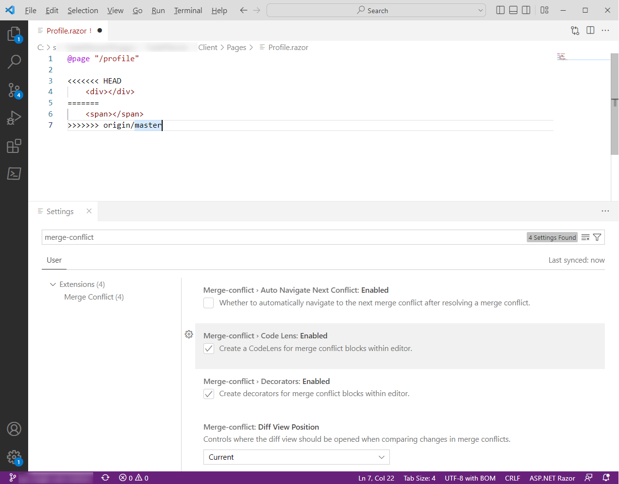 Visual Studio Code I lost the builtin CodeLens tools to resolve merge