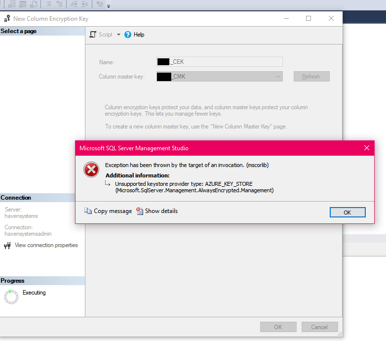 sql server Unsupported keystore provider Type AZURE_KEY_STORE in SSMS