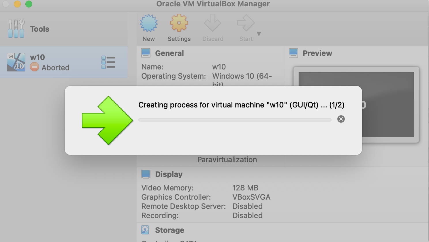 VirtualBox won't run win10 Failed to open a session for the virtual machine w10. Result Code
