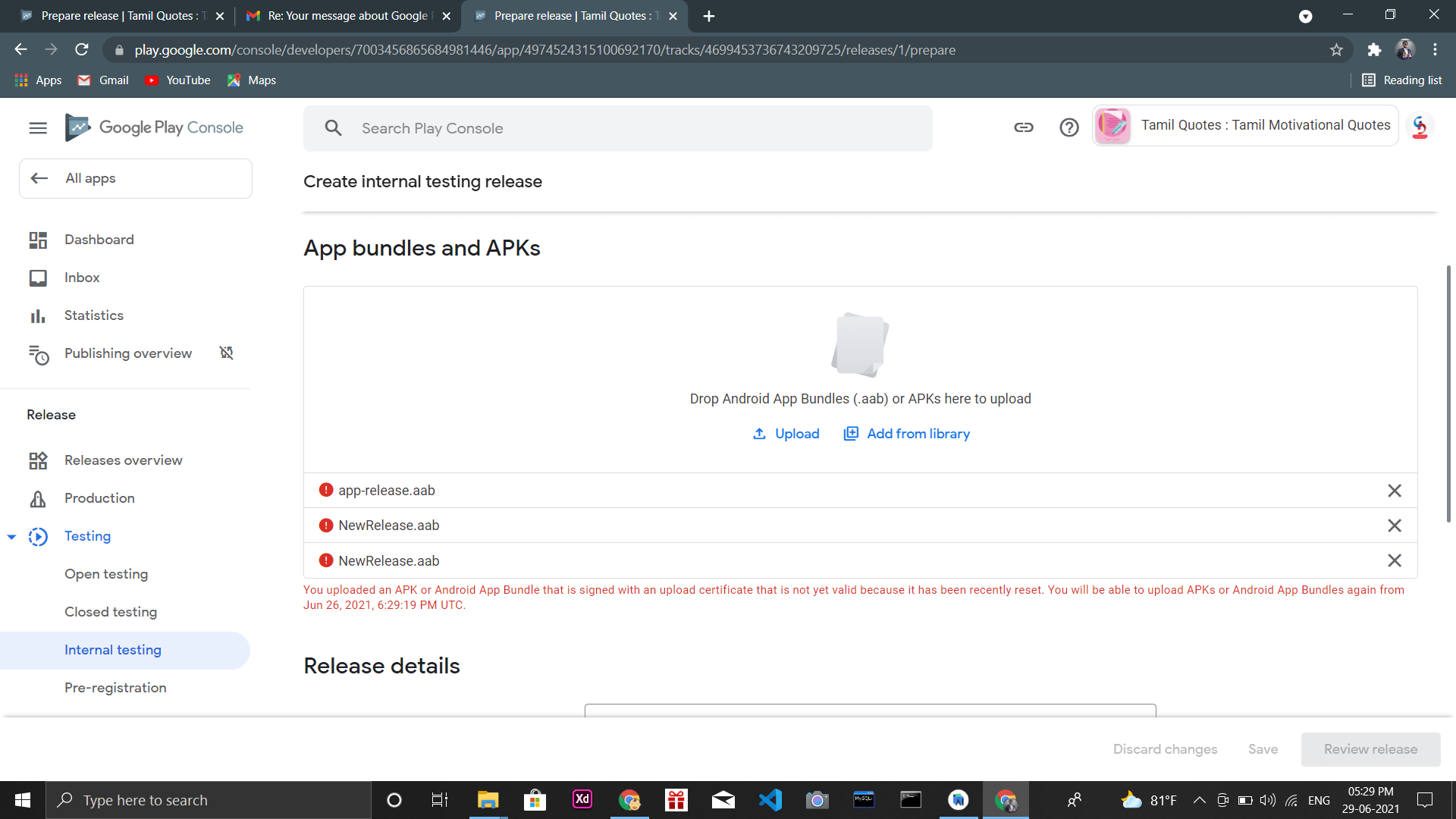 google play console You uploaded an APK or Android App Bundle that is