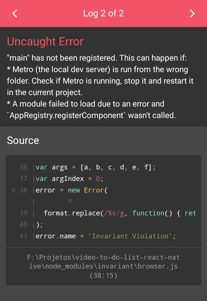 javascript Console Error React Native version mismatch