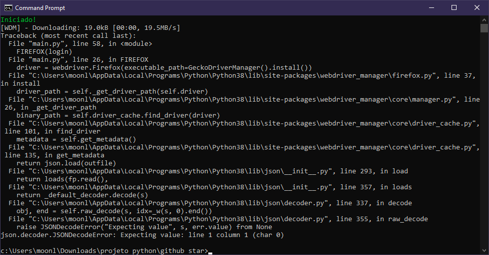 How fix this error on python (selenium) json.decoder.JSONDecodeError