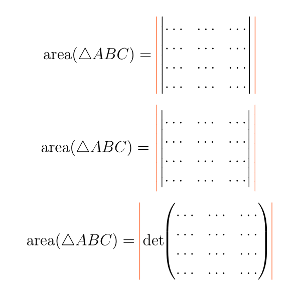 math mode A long colored absolute value into a determinant TeX