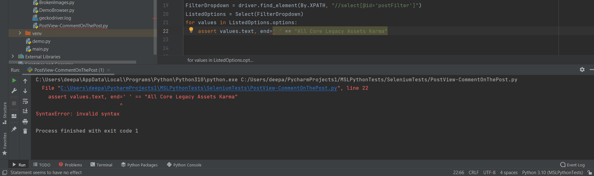 python Not able to put assertion to validate the values of a for loop