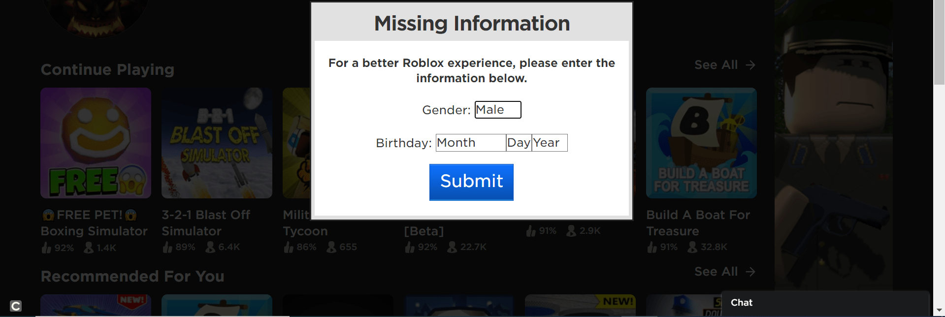 Roblox The site keeps asking for my birthday and I cant stop it Arqade