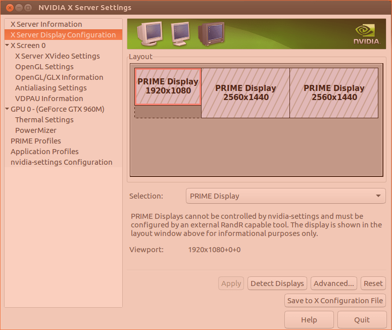 multiple monitors PRIME Displays cannot be controlled by nvidia