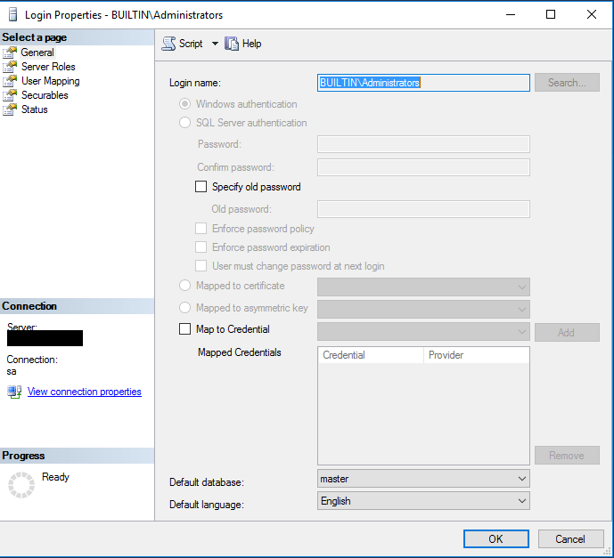 security Builtin\Administrators doesn't permit access Database