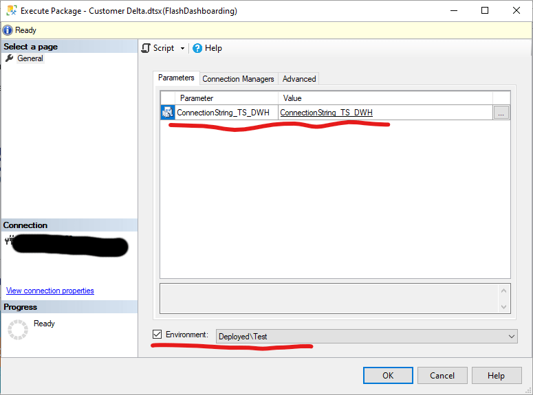 sql server SSIS parameters not found in connection manager Stack