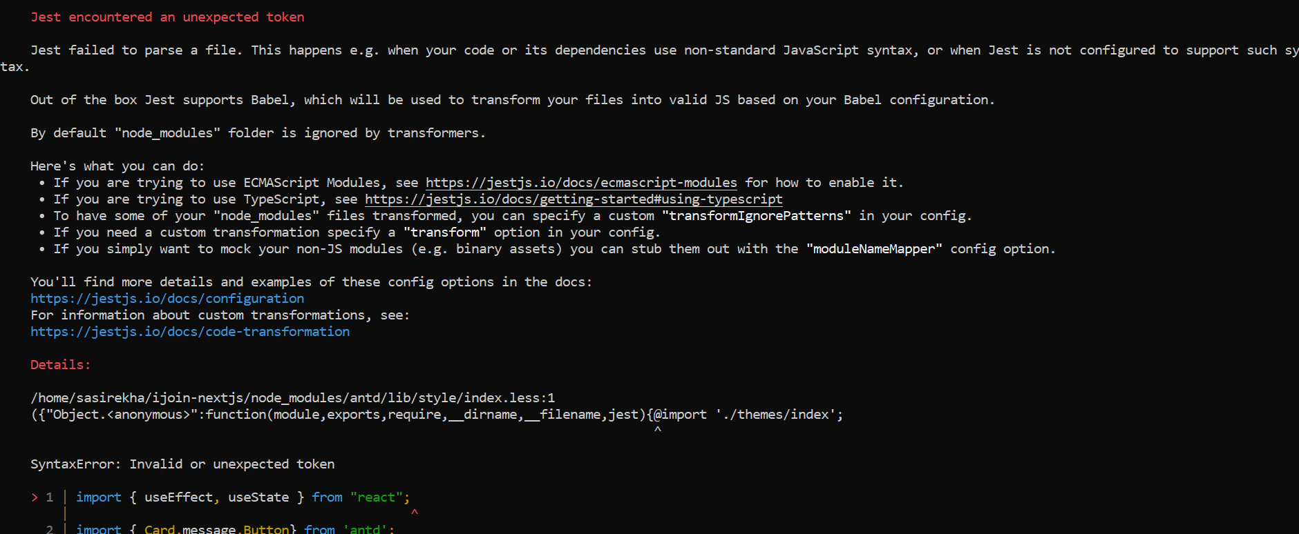 reactjs SyntaxError Invalid or unexpected token when running tests