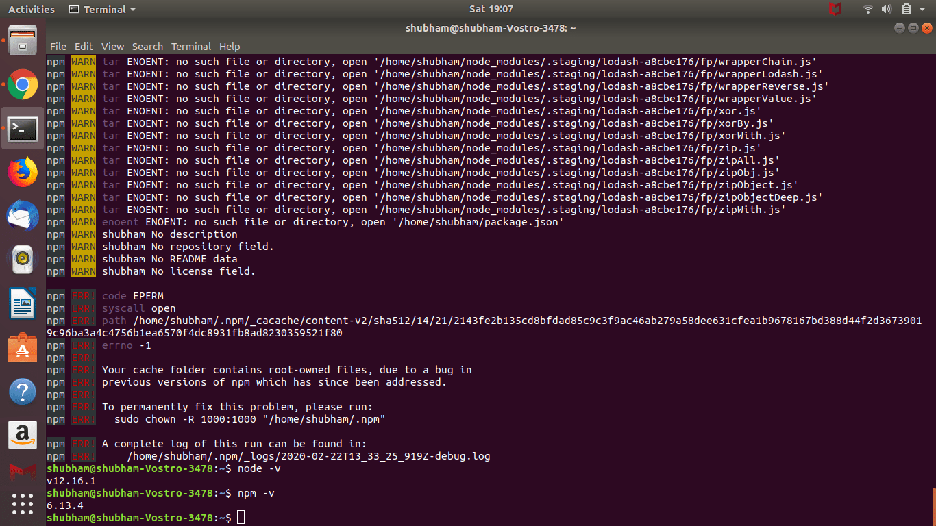 node.js Error "Your cache folder contains rootowned files, due to a bug in npm ERR! previous
