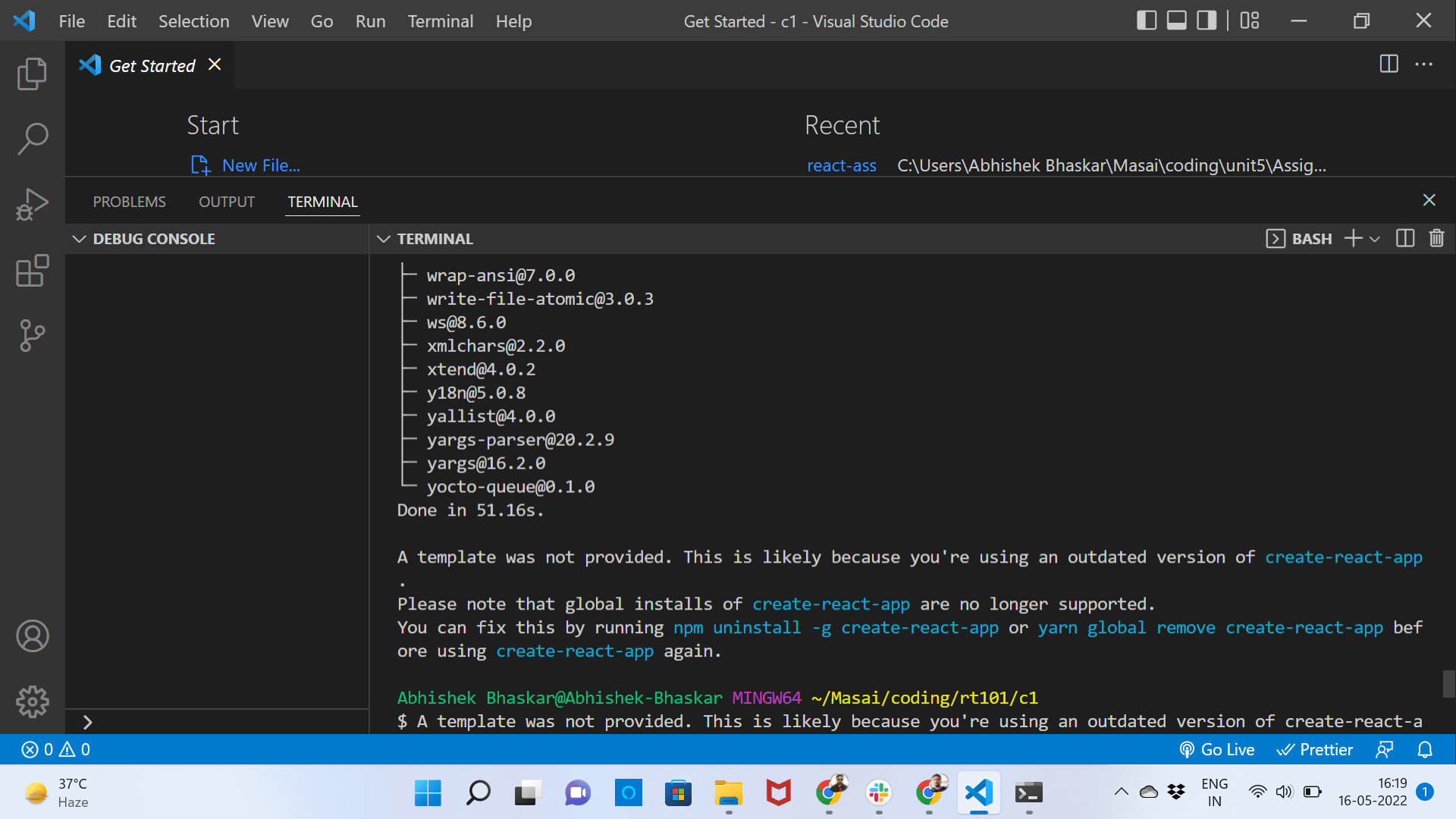 reactjs when i'm trying to create react file it is showing me error
