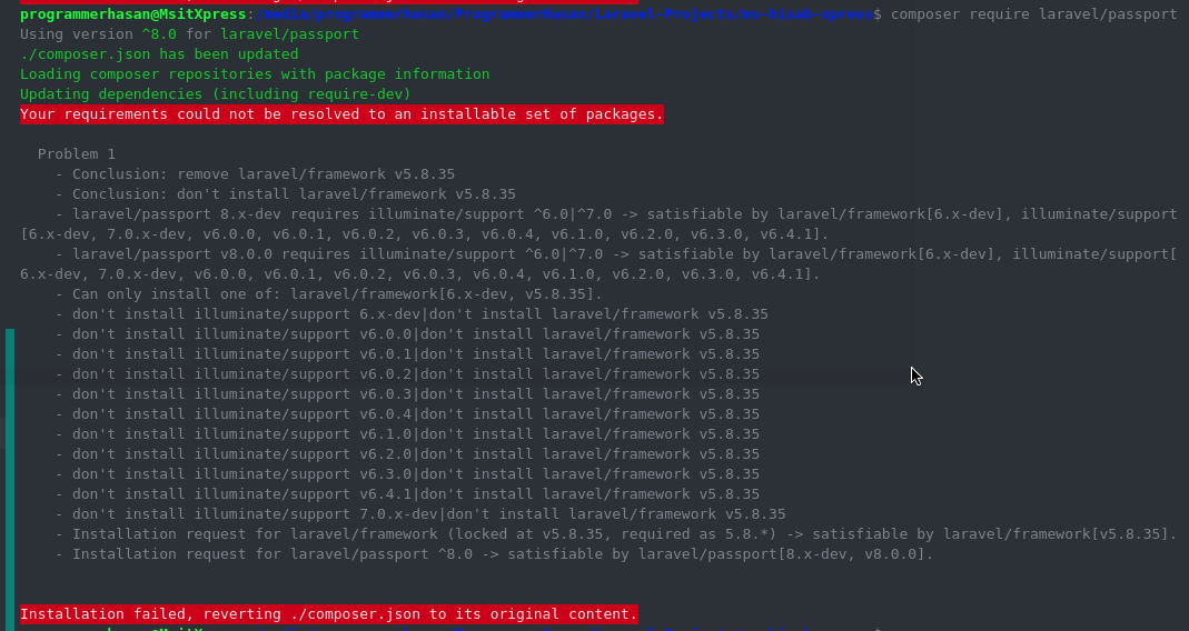 php Error laravel 5.8 installing package (Installation failed