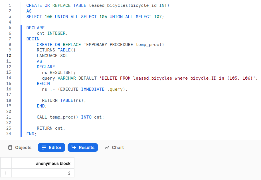 Assign number of rows deleted to a variable in snowflake Stack Overflow