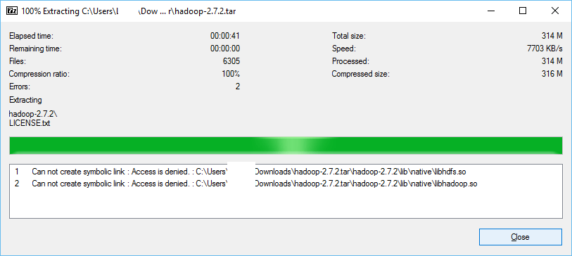 7Zip Cannot create symbolic link, access is denied to libhdfs.so and