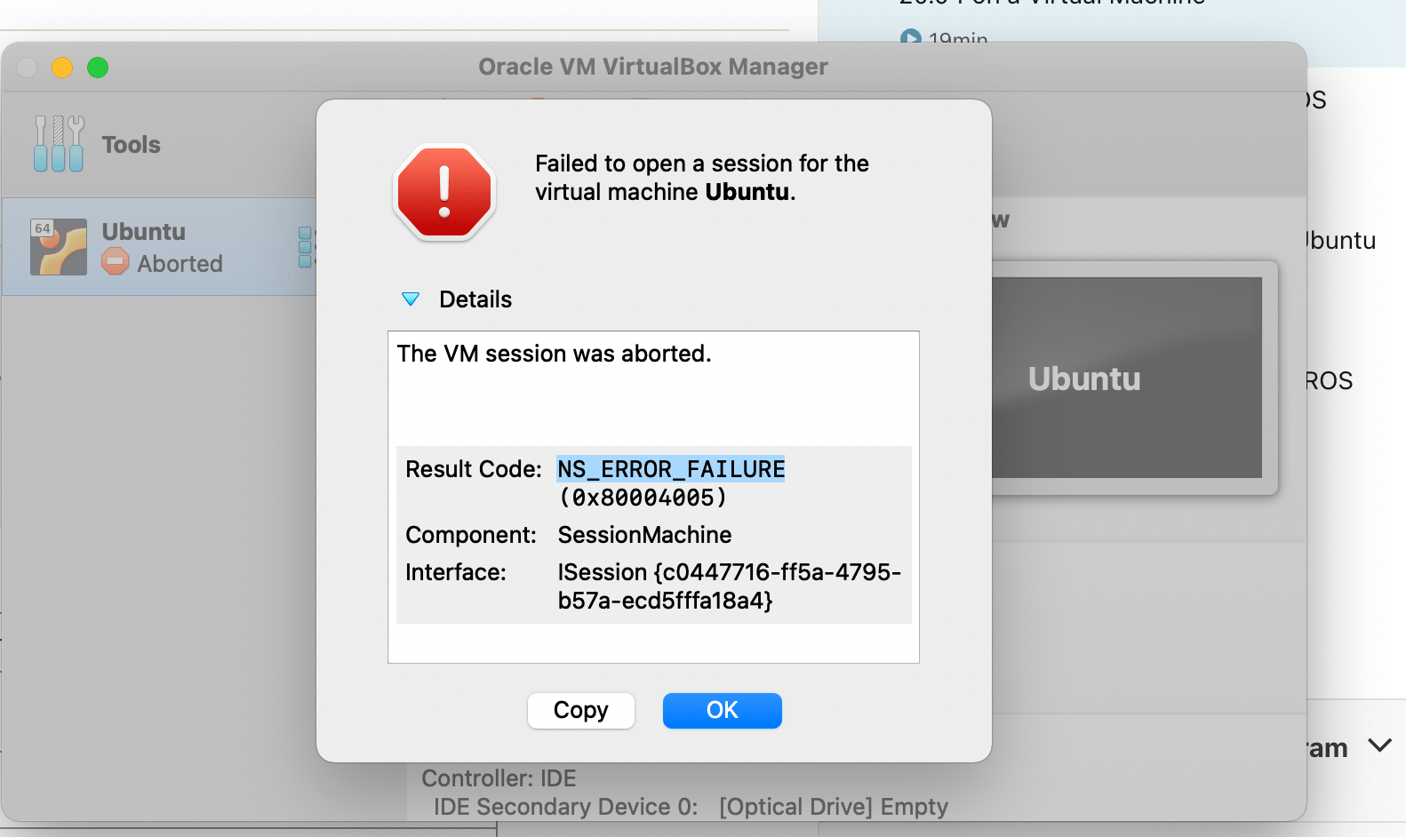 macbook pro on MacOS BigSur while adding iso file to Ubuntu VM in the virtualbox seeing error