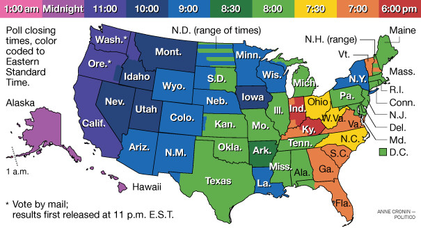 When is each US state likely to declare its result in the 2016 US presidential election