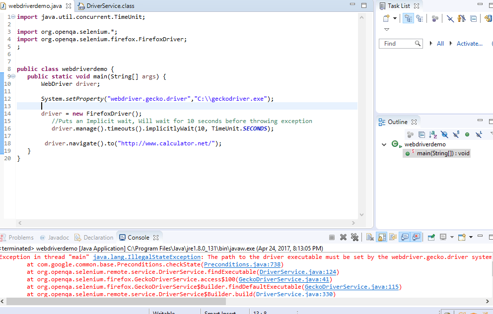 firefox selenium webdriver error, gecko driver