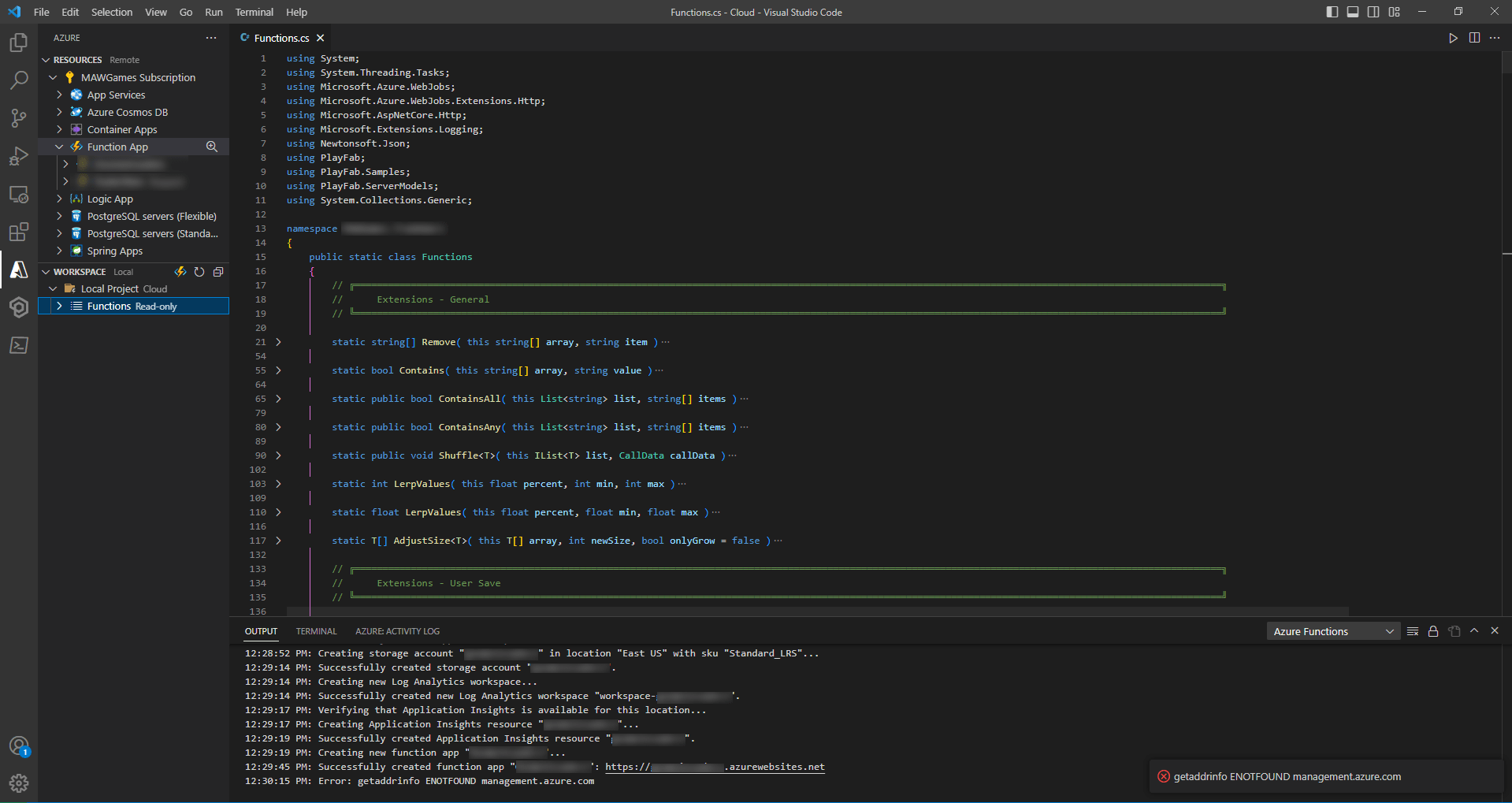 deployment getaddrinfo ENOTFOUND deploying Azure Functions from