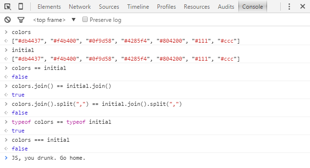javascript Comparison of two equal arrays fails Stack Overflow
