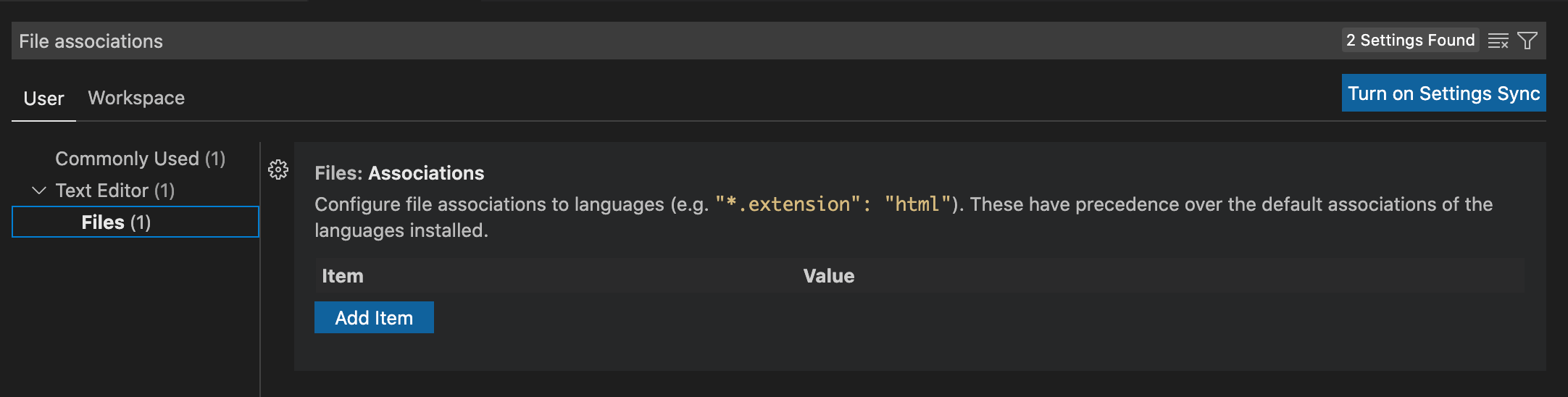 visual studio code How do I see all current file associations