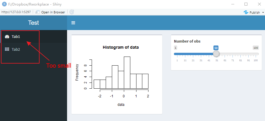 r How to change the fonts size of sidebar in shinydashboard Stack