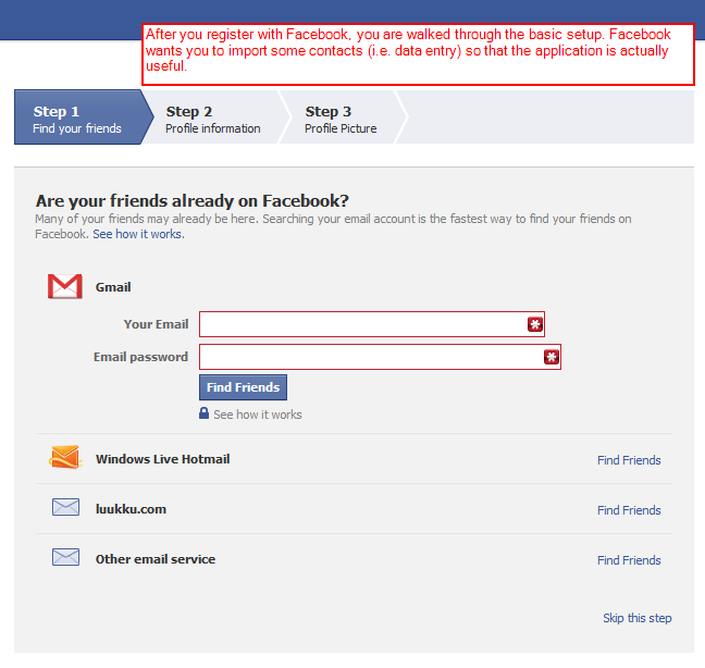 website design Walk the user through initial data entry after the first login User