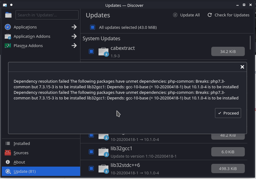 Dependency issues while updating through Discover app in kali linux kde Unix & Linux Stack