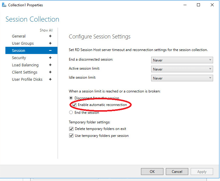 networking RDP farm automatic session reconnect Server Fault