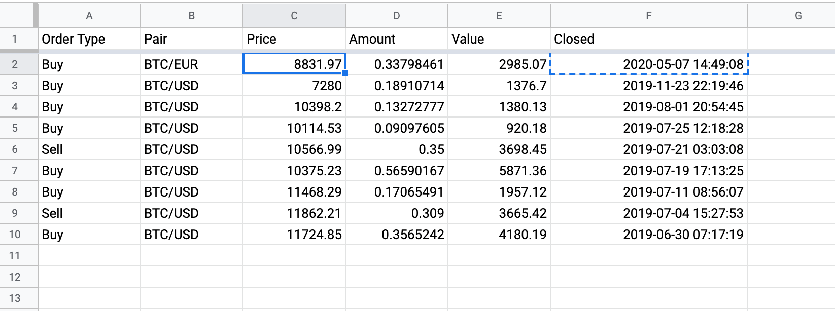 google sheets buy and sell transactions in different trading pairs