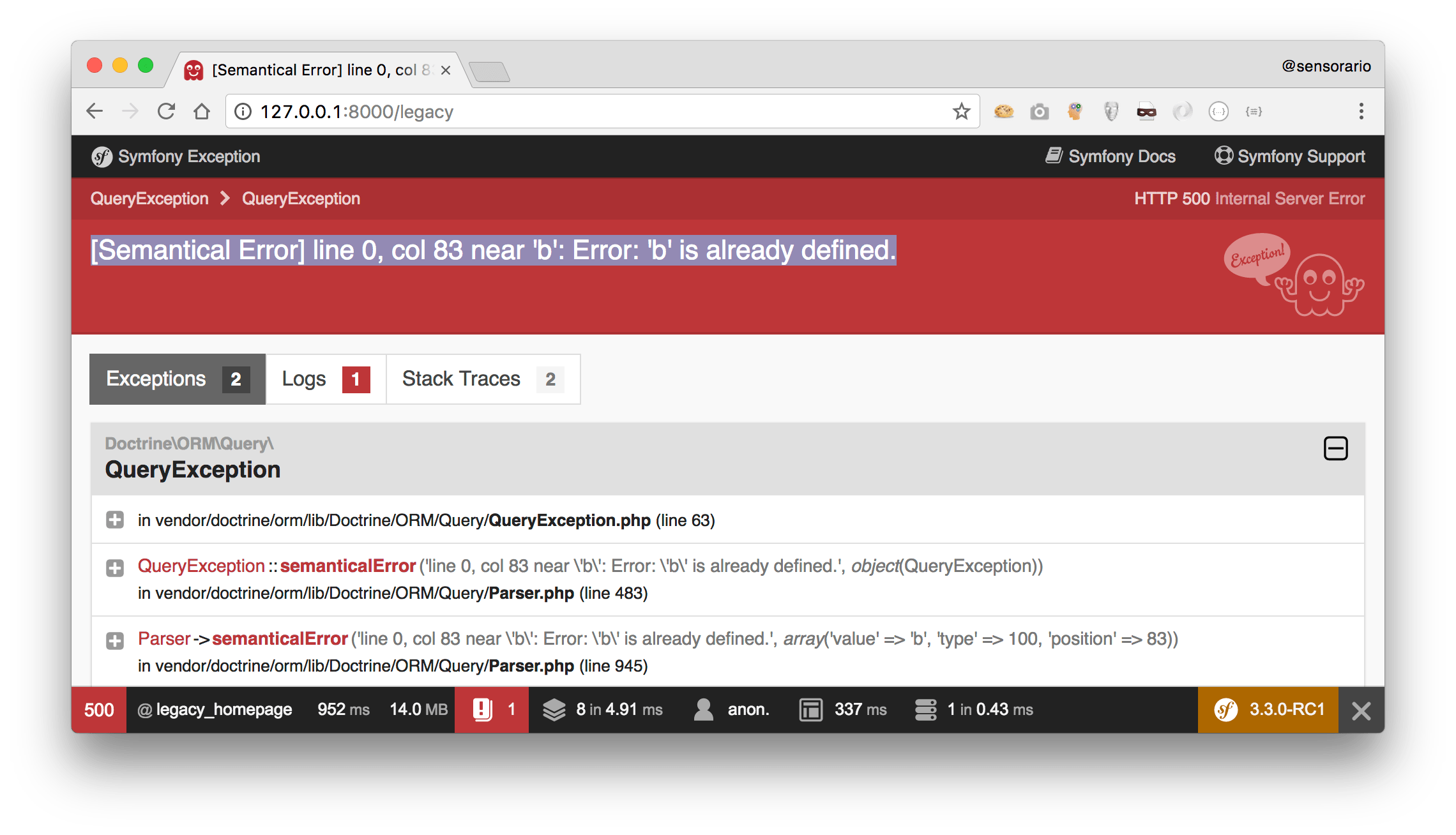 symfony How to reset the doctrine query builder avoiding error