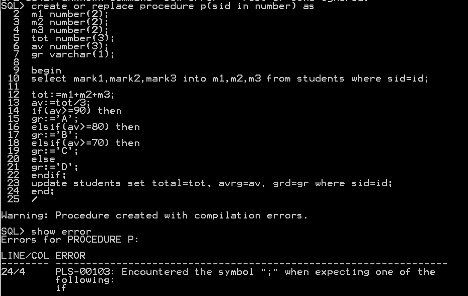 oracle PLS00103 Encountered the symbol “endoffile” when expecting