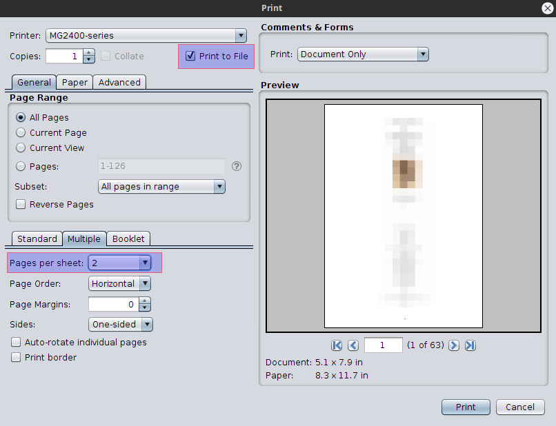linux Pdf viewer with pagepersheet print setting