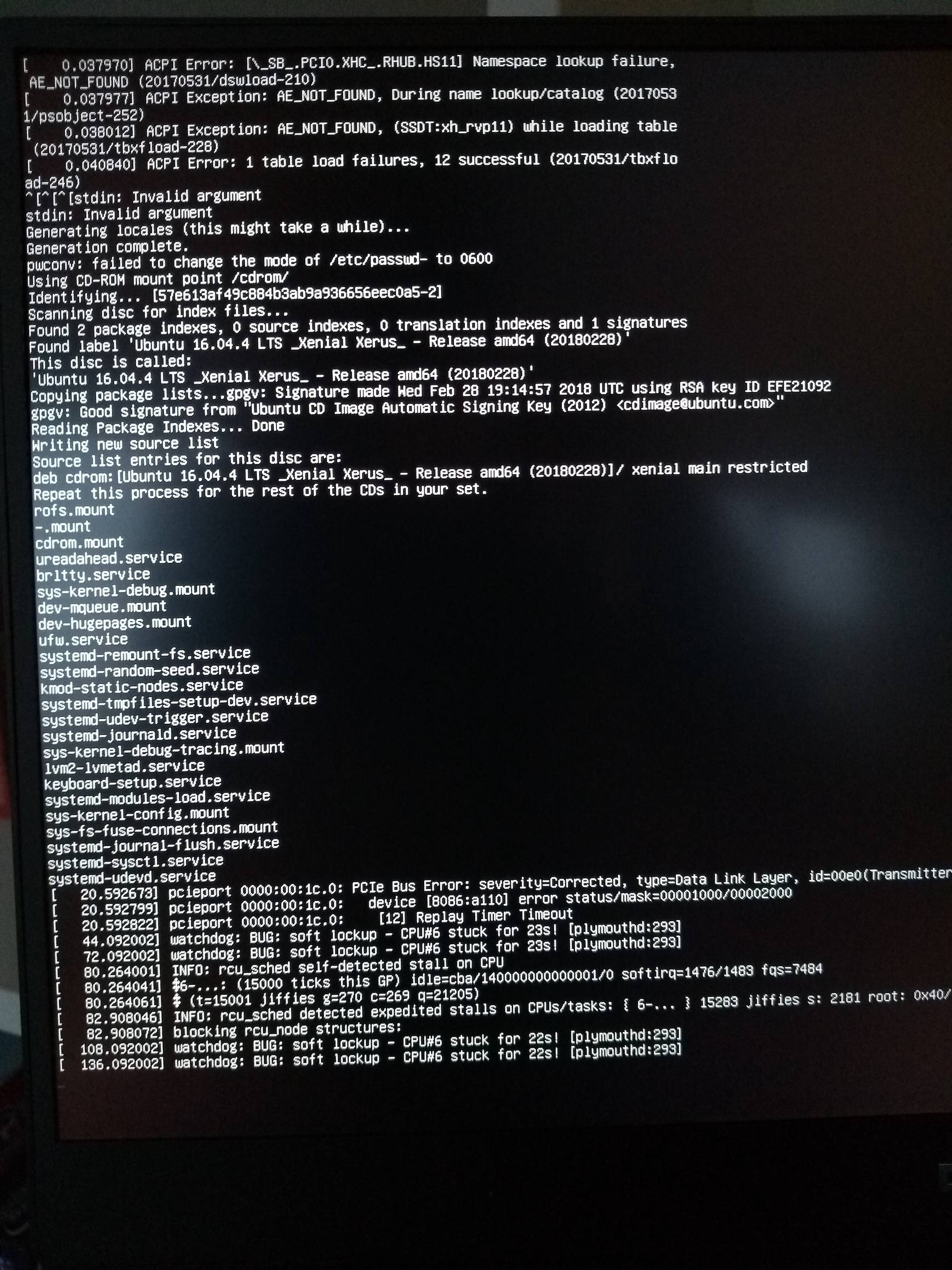 system installation 16.04 install freezing with watchdog BUG soft