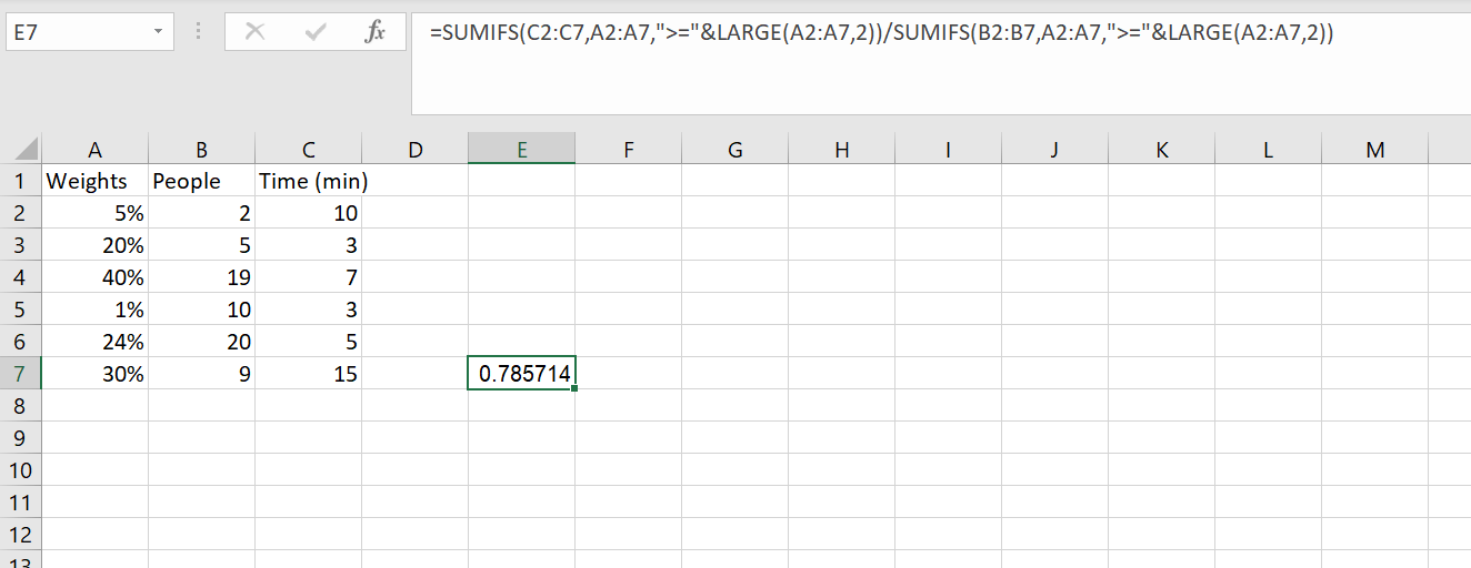excel I want sum of time divide by sum of people of the top two
