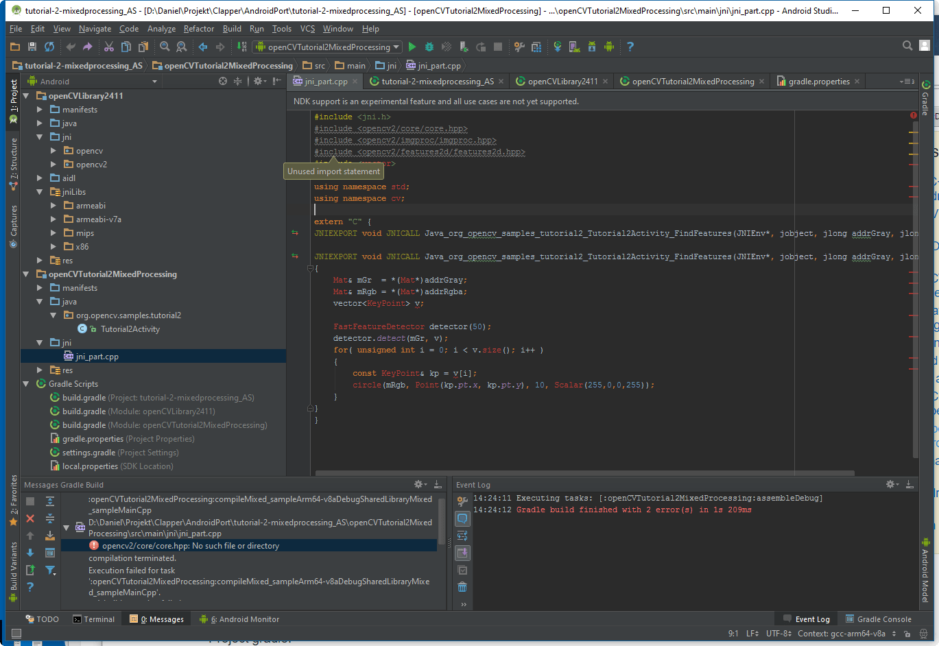 Including OpenCV native library headers in Android Studio