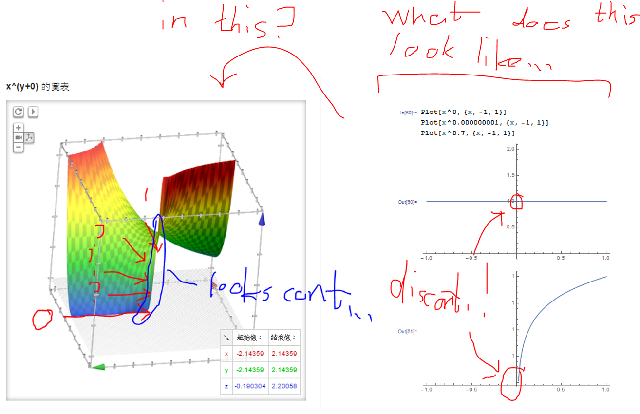 calculus 0 to the power of 0, what does the essential discontinuity
