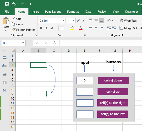 excel Jumping n cell (down/ up/ to the right/ to the left) from a