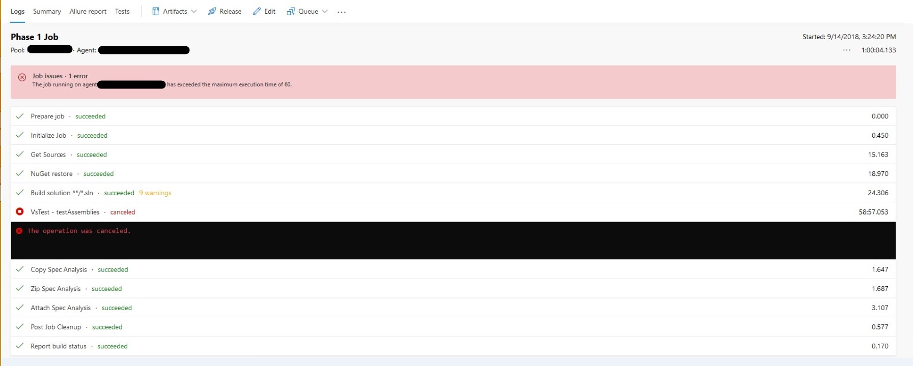 azure pipelines VSTS build. Error The job running on agent has
