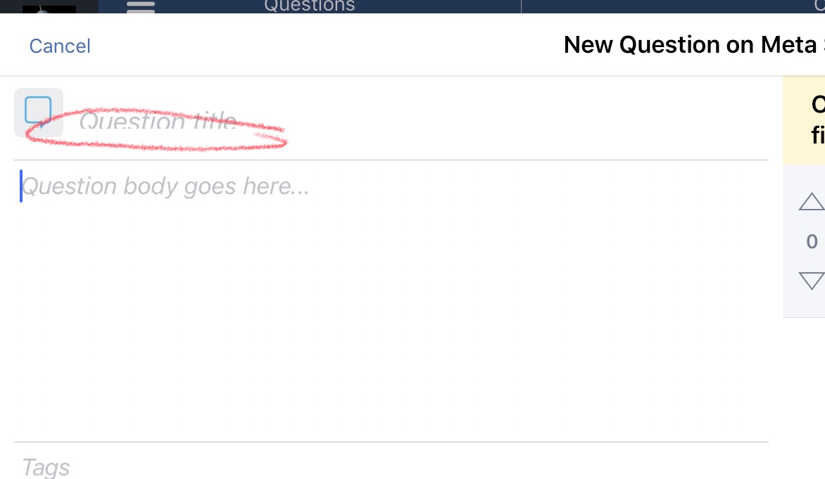 Question title placeholder is partially obscured in the iOS app Meta