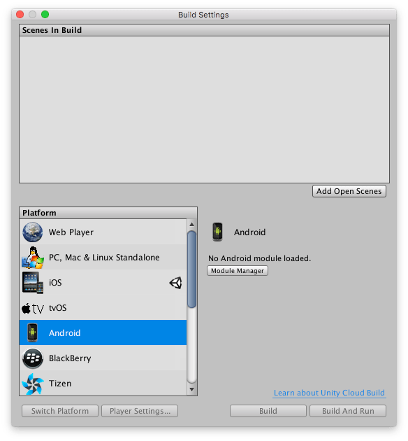 unity3d Unity build and run for Android is unavialable