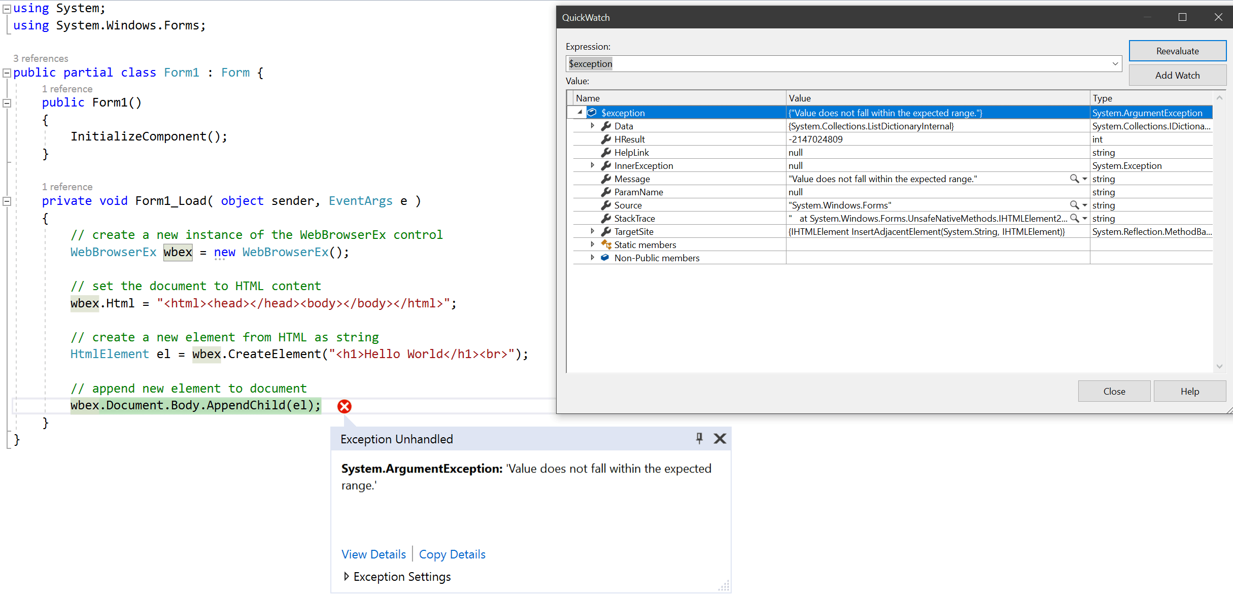 C Browser.Document.Body.AppendChild is failing to add new element