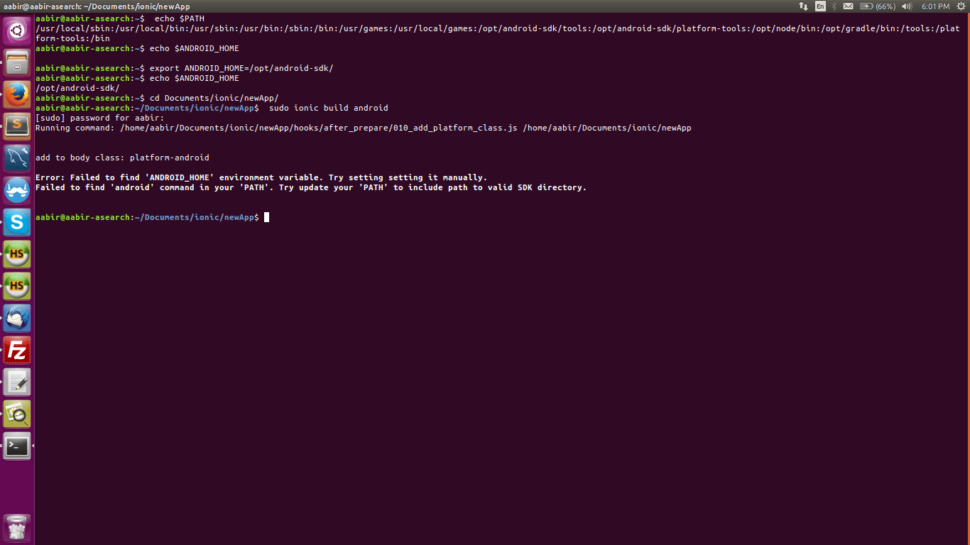 javascript Set environment variable in ubuntu for ionic