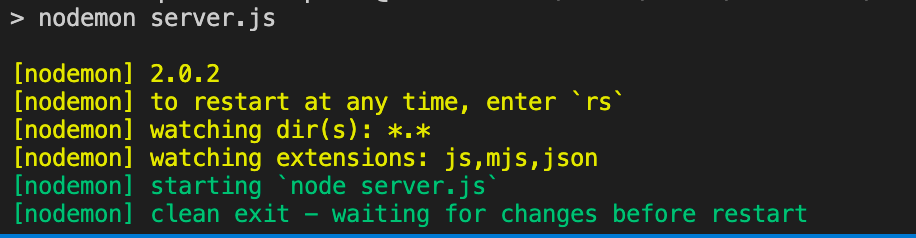 node.js starting `node server.js` [nodemon] clean exit waiting for