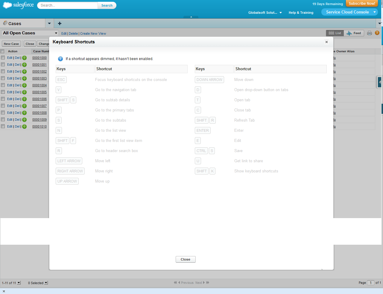 servicecloud How to enable standard keyboard shortcuts for the