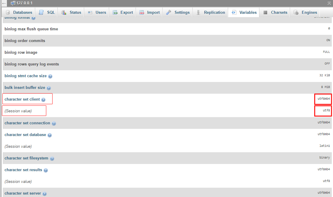 mysql phpmyadmin server variables and session values Stack Overflow