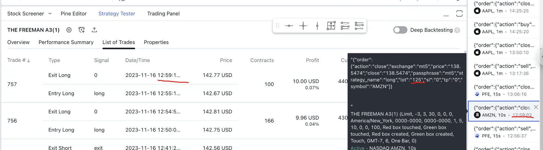 pine script How can a Tradingview alert time and lot size differ from
