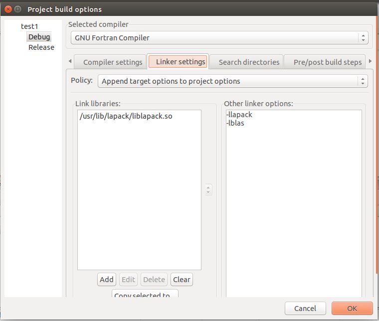 Problems in linking LAPACK with CodeBlocks GNU fortran compiler Ubuntu