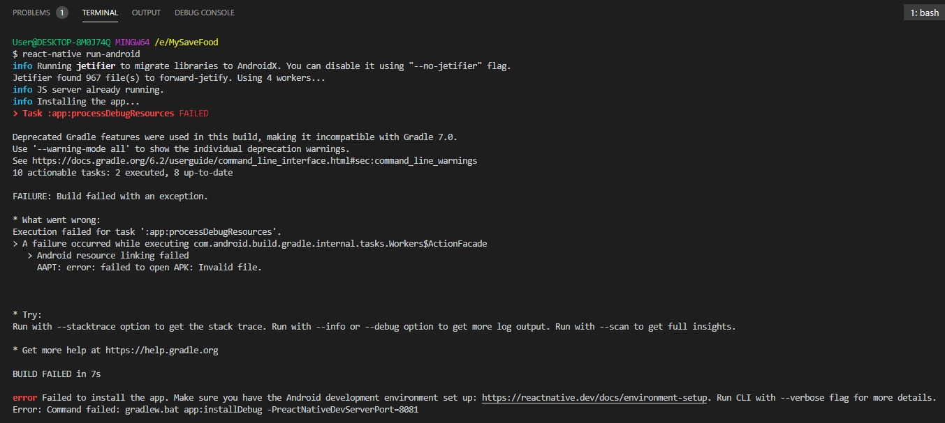 React Native "A failure occurred while executing com.android.build